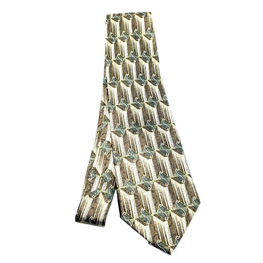 Stafford Executive Silk Tie‎ Brown Green Geometric Print Wide - Picture 6 of 6